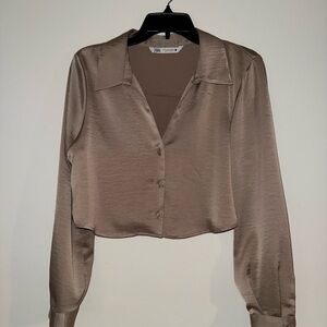 Zara Women's Taupe / goldish Satin Button-Down Shirt
